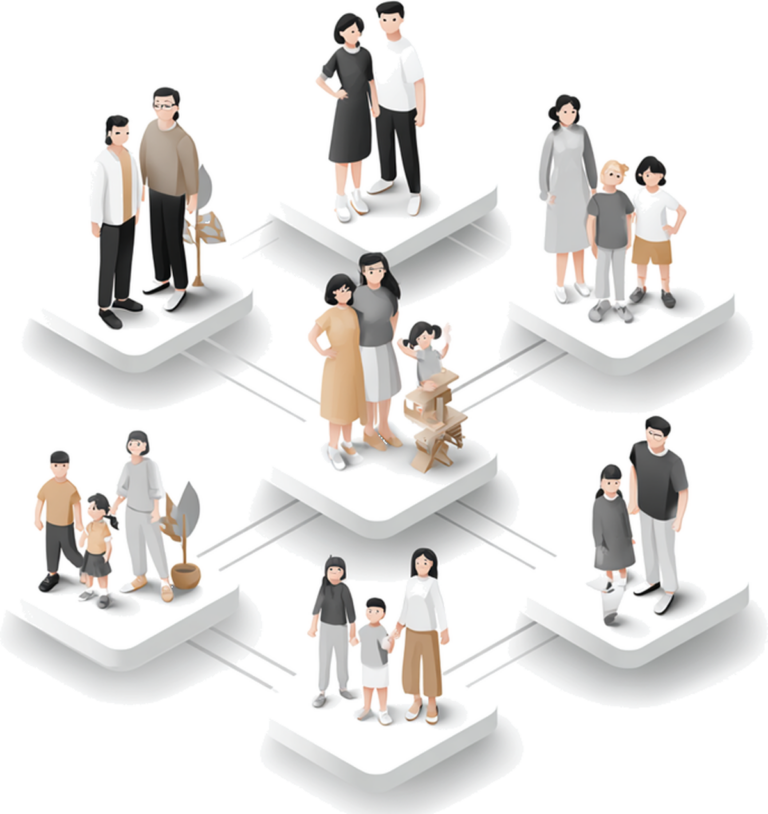 Isometric illustration of several family groups standing on connected platforms, representing the branches of a family foundation